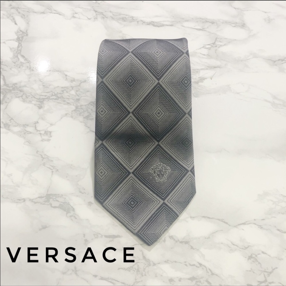 Versace Grey Checkered Diamond Silk Skinny Tie